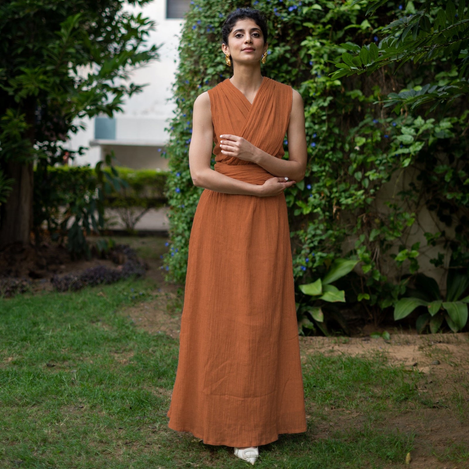 Rust Crinkled Cotton Flax Boho Infinity Drape Gown with Matching Tube 60