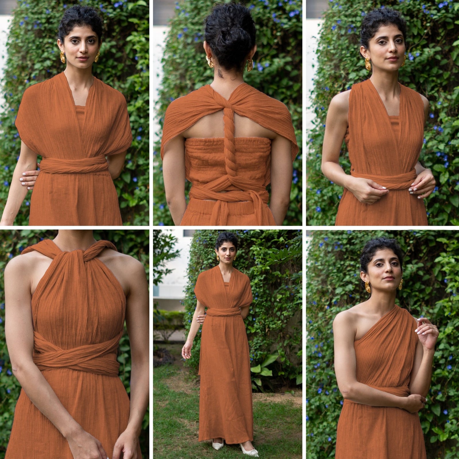 Rust Crinkled Cotton Flax Boho Infinity Drape Gown with Matching Tube 60