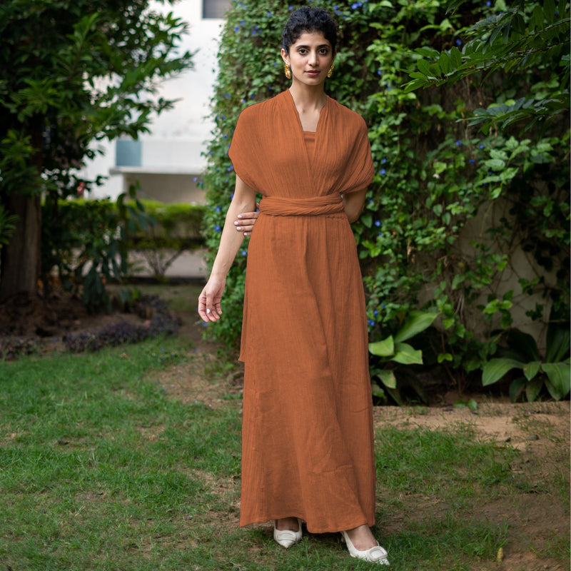 Rust Crinkled Cotton Flax Boho Infinity Drape Gown with Matching Tube 60