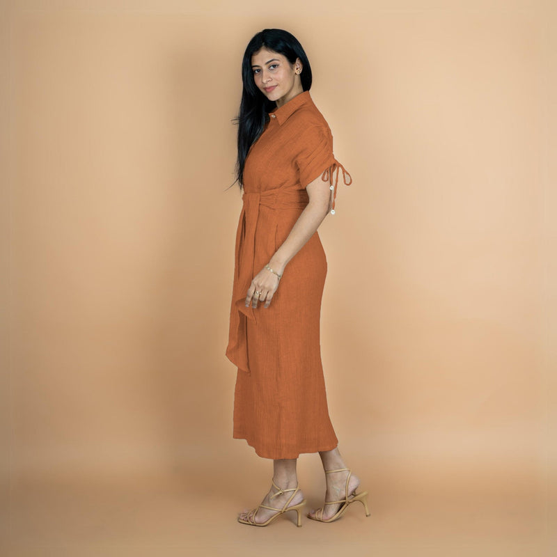 Rust Crinkled Cotton Flax Boho Maxi Button-Down Shirt Dress 28