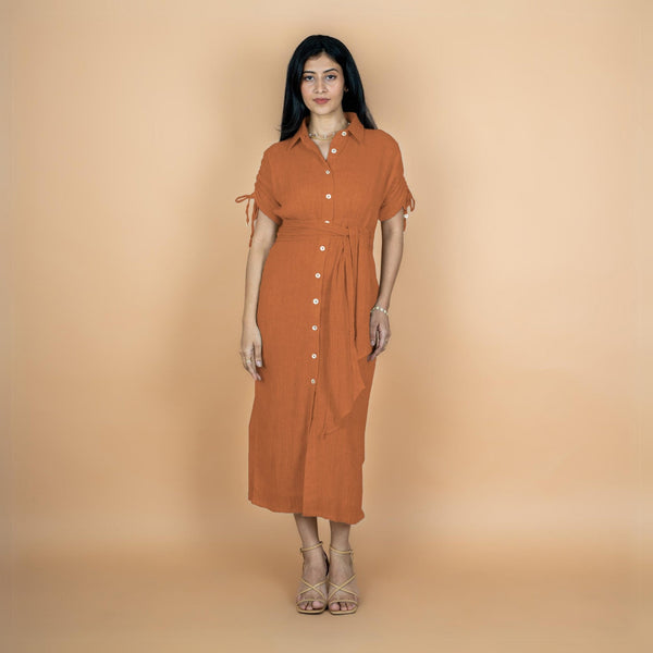 Rust Crinkled Cotton Flax Boho Maxi Button-Down Shirt Dress