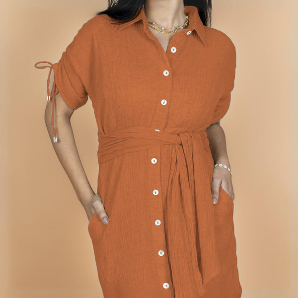 Rust Crinkled Cotton Flax Boho Maxi Button-Down Shirt Dress