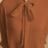 Rust Crinkled Cotton Flax Boho Tie-Neck Top