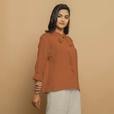 Rust Crinkled Cotton Flax Boho Tie-Neck Top