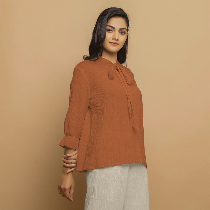 Rust Crinkled Cotton Flax Boho Tie-Neck Top