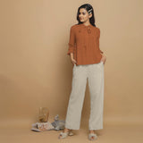 Rust Crinkled Cotton Flax Boho Tie-Neck Top