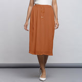 Rust Crinkled Cotton Flax Elasticated Flared Midi Skirt
