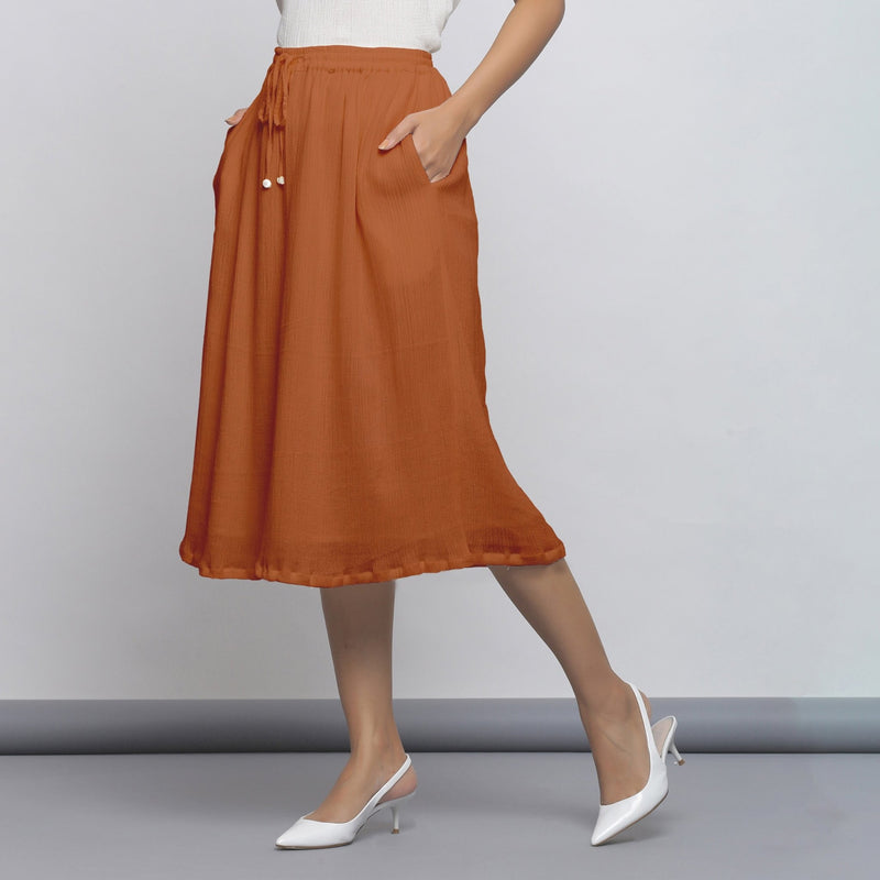 Rust Crinkled Cotton Flax Elasticated Flared Midi Skirt