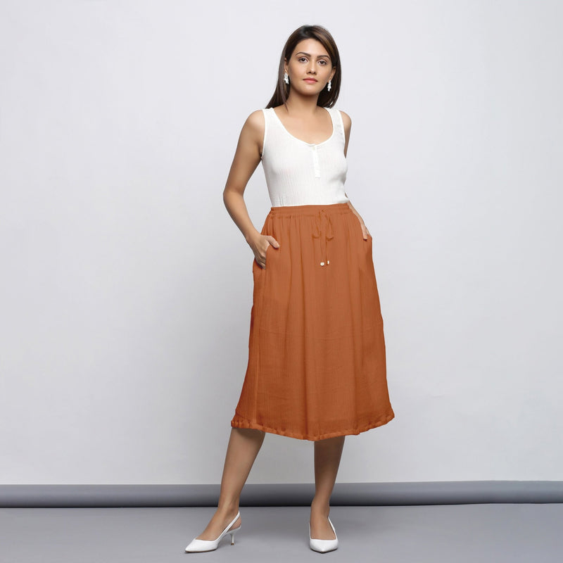 Rust Crinkled Cotton Flax Elasticated Flared Midi Skirt