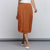Rust Crinkled Cotton Flax Elasticated Flared Midi Skirt