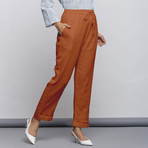 Rust Crinkled Cotton Flax Elasticated Mid-Rise Tapered Pant