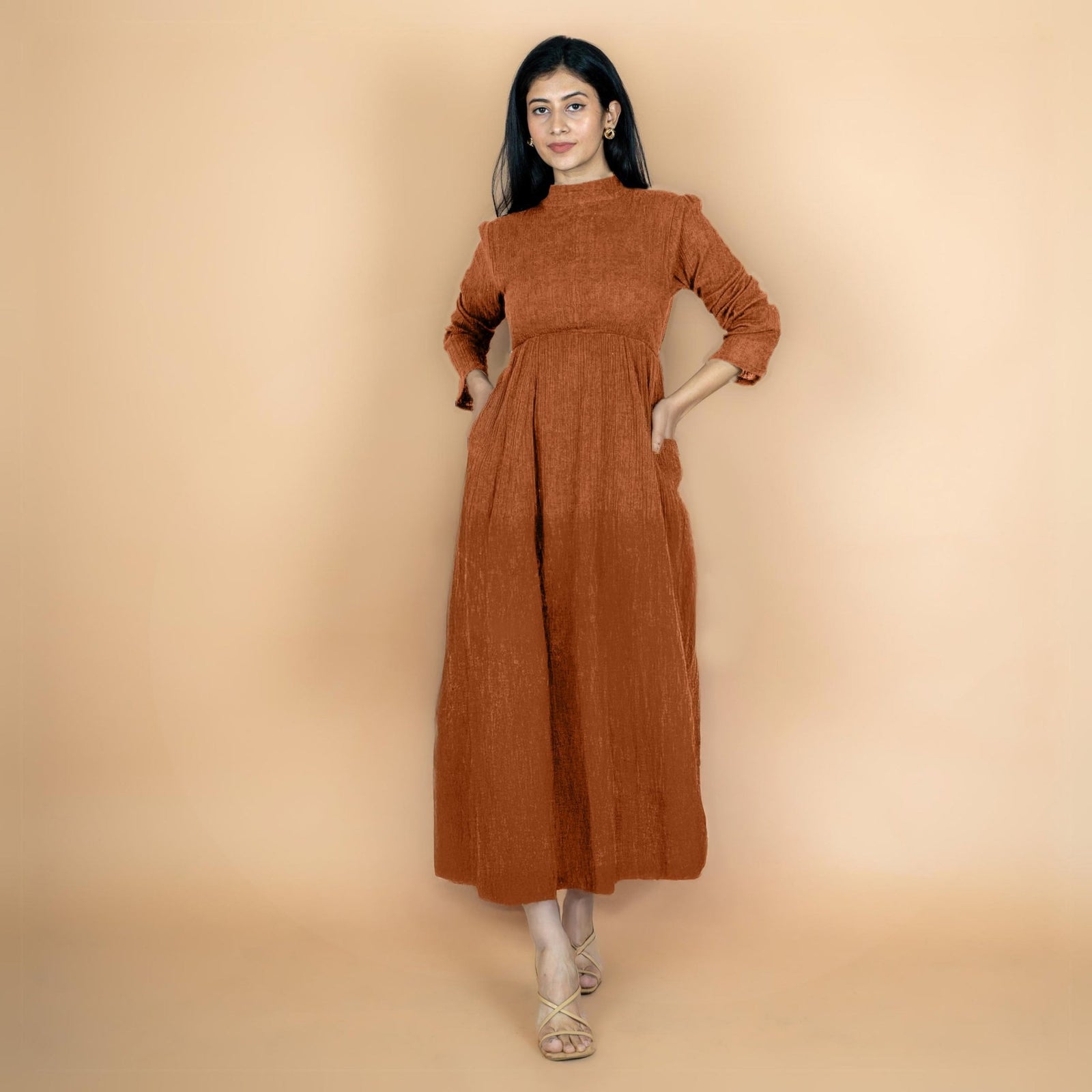 Rust Crinkled Cotton Flax Fit and Flare Maxi Empire Dress 48