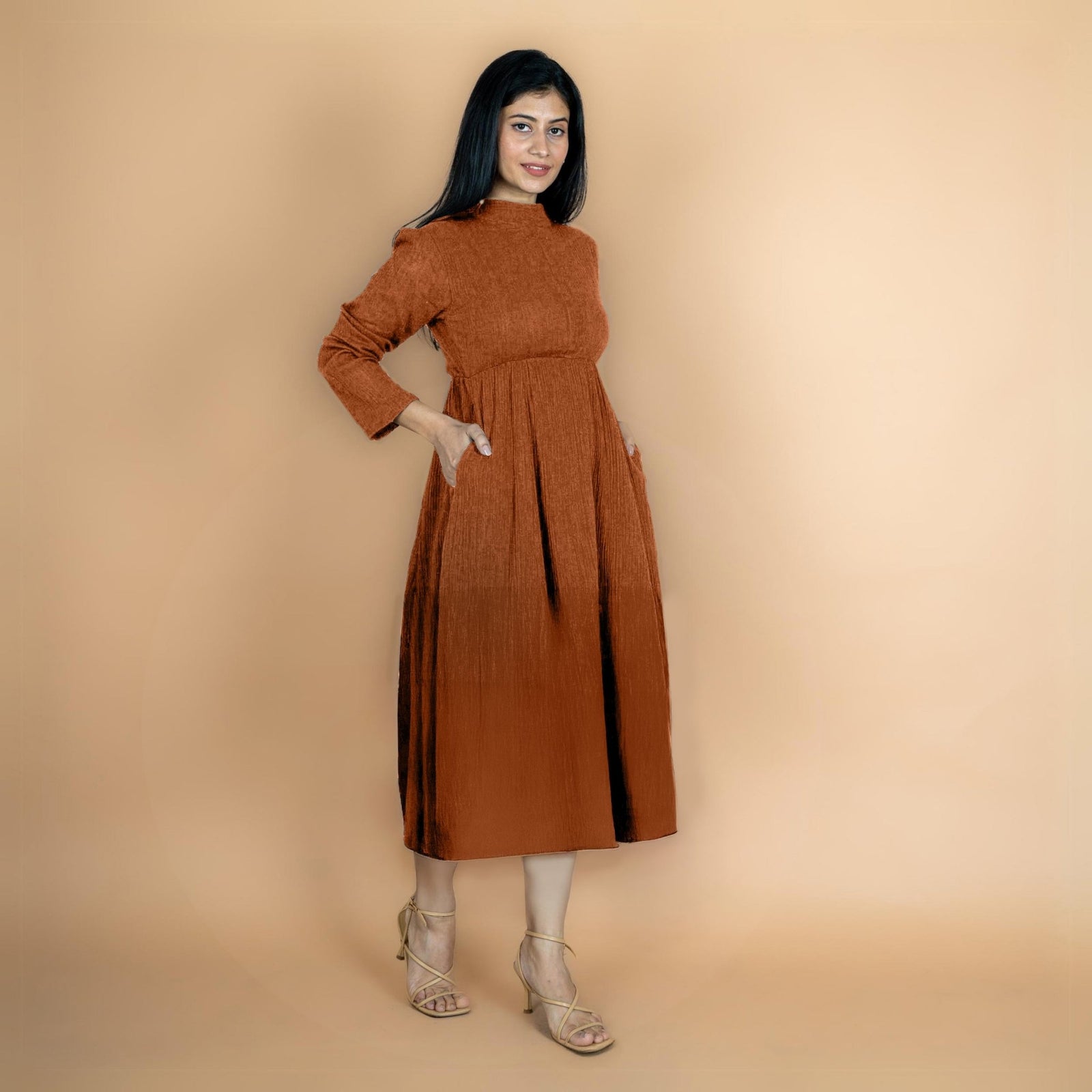Rust Crinkled Cotton Flax Fit and Flare Maxi Empire Dress 48" / Petite (5'1" and below) Rust Crinkled Cotton Flax Fit and Flare Maxi Empire Dress 48" / Petite (5'1" and below)