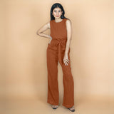 Rust Crinkled Cotton Flax High-Rise Flared Pant