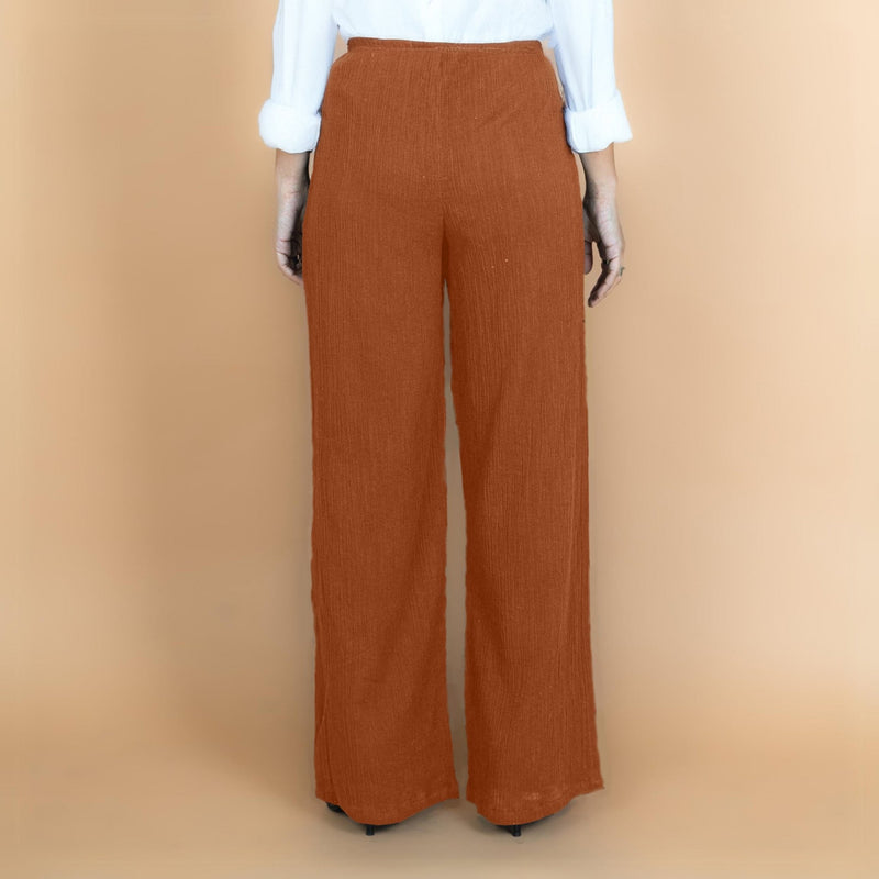 Rust Crinkled Cotton Flax High-Rise Flared Pant