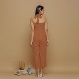 Rust Crinkled Cotton Flax High-Rise Jumpsuit