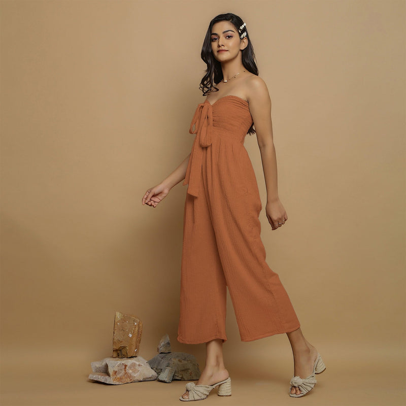 Rust Crinkled Cotton Flax High-Rise Jumpsuit