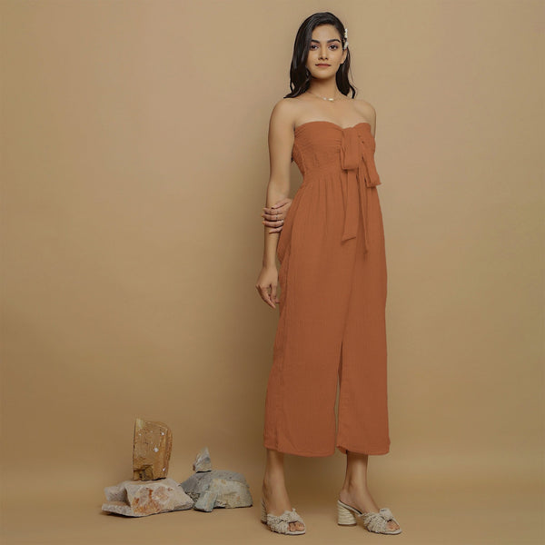 Rust Crinkled Cotton Flax High-Rise Jumpsuit