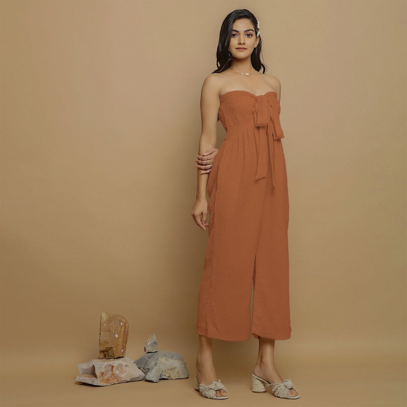 Rust Crinkled Cotton Flax High-Rise Jumpsuit