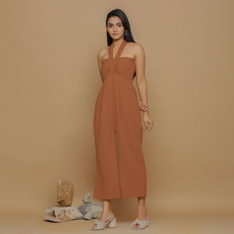 Rust Crinkled Cotton Flax High-Rise Jumpsuit