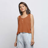 Rust Crinkled Cotton Flax Round Neck Sleeveless Top