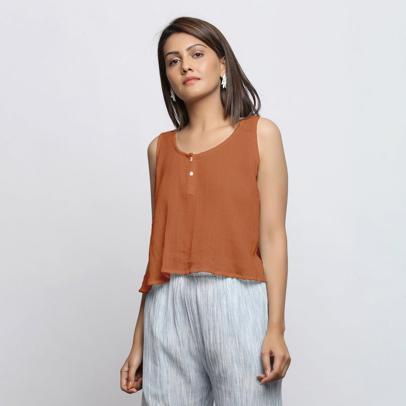 Rust Crinkled Cotton Flax Round Neck Sleeveless Top