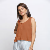 Rust Crinkled Cotton Flax Round Neck Sleeveless Top