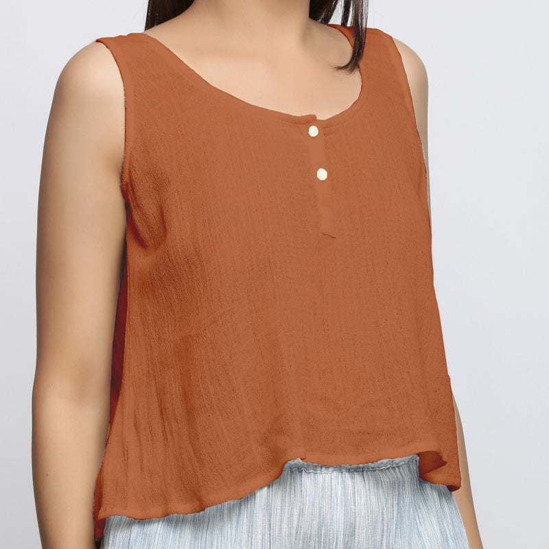 Rust Crinkled Cotton Flax Round Neck Sleeveless Top