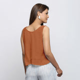 Rust Crinkled Cotton Flax Round Neck Sleeveless Top