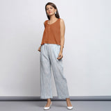 Rust Crinkled Cotton Flax Round Neck Sleeveless Top