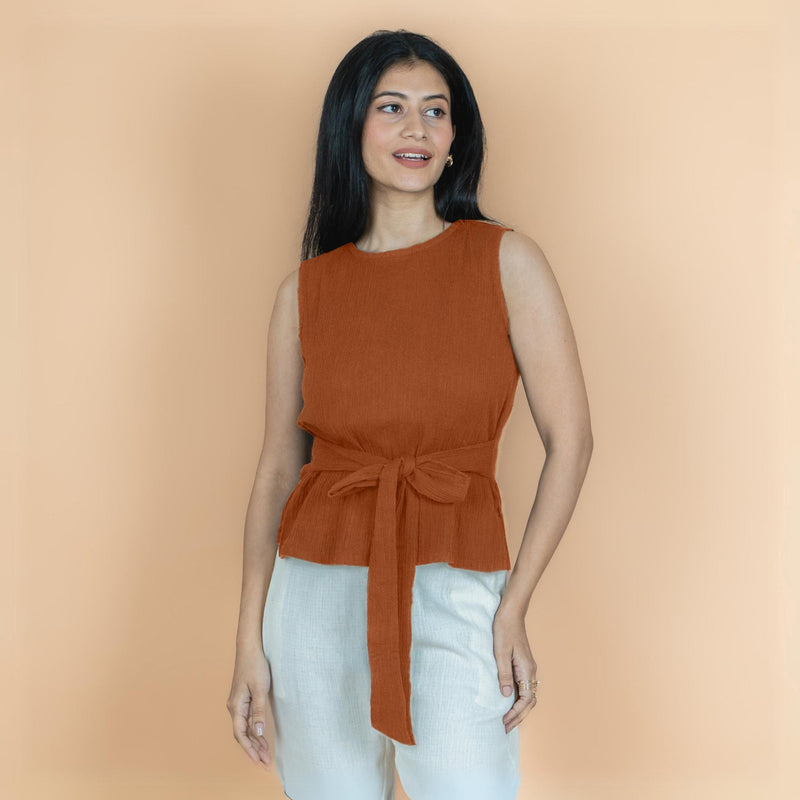 Rust Crinkled Cotton Flax Sleeveless Tie-Up Top