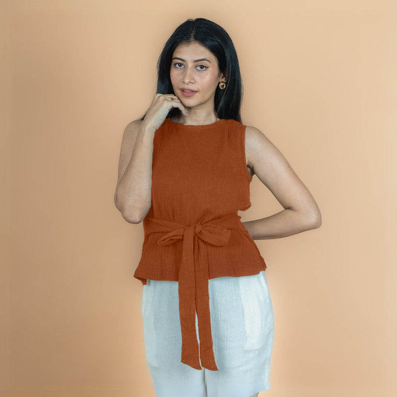 Rust Crinkled Cotton Flax Sleeveless Tie-Up Top