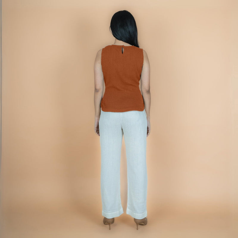 Rust Crinkled Cotton Flax Sleeveless Tie-Up Top