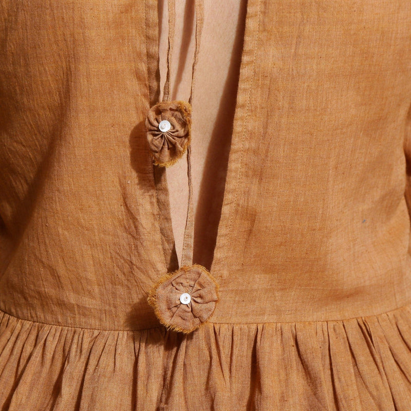 Back Detail of a Model wearing Rust Handspun Solid Gathered Dress