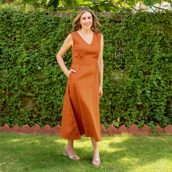 Rust Khakhi Cotton A-Line Maxi Wrap Belt Dress