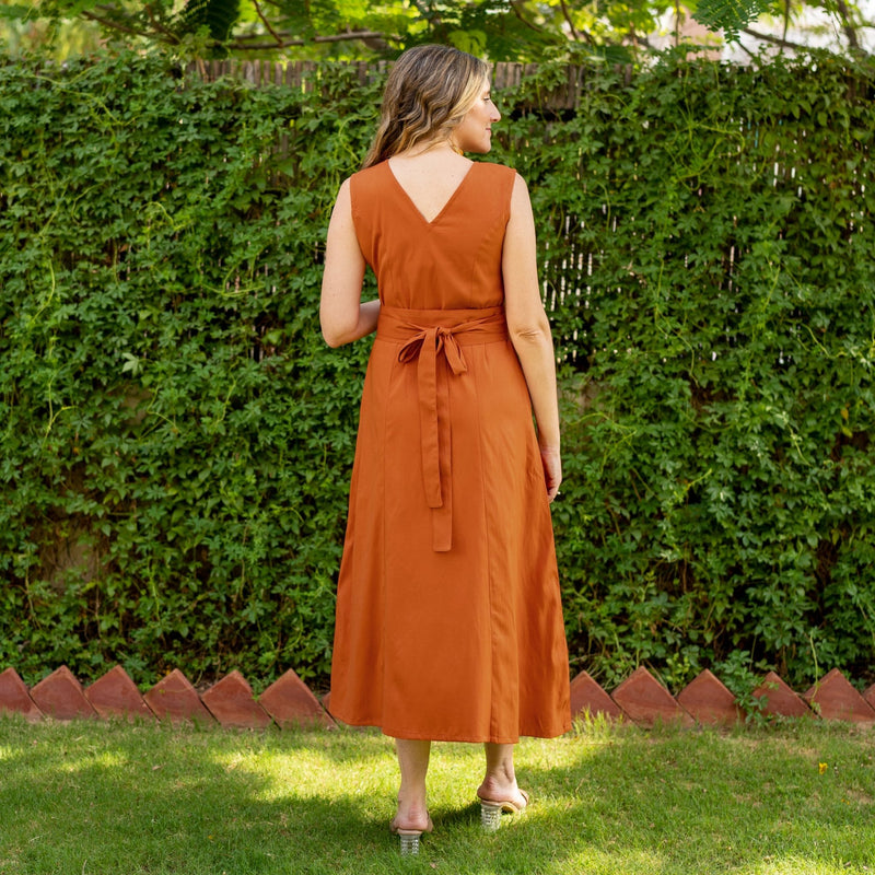 Rust Khakhi Cotton A-Line Maxi Wrap Belt Dress