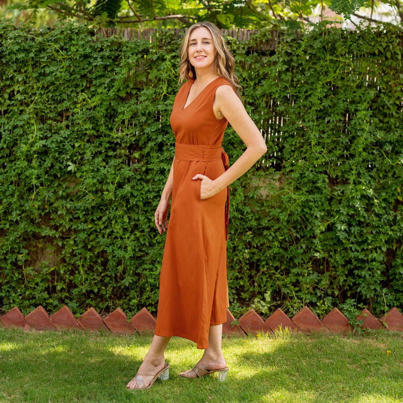 Rust Khakhi Cotton A-Line Maxi Wrap Belt Dress 36" / Regular (5'2" - 5'6") Rust Khakhi Cotton A-Line Maxi Wrap Belt Dress 36" / Regular (5'2" - 5'6")