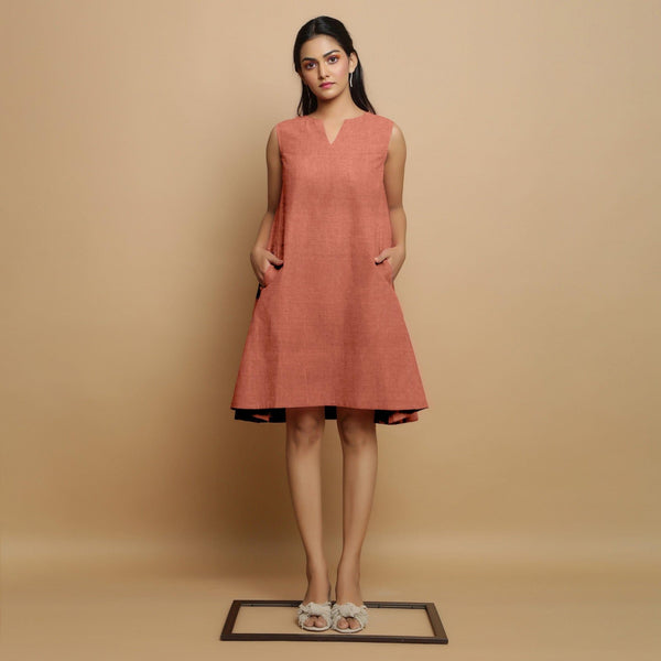 Rust Linen Hand-Embroidered Knee-Length Godet Dress