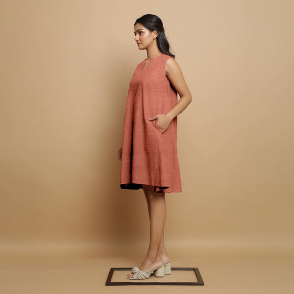 Rust Linen Hand-Embroidered Knee-Length Godet Dress