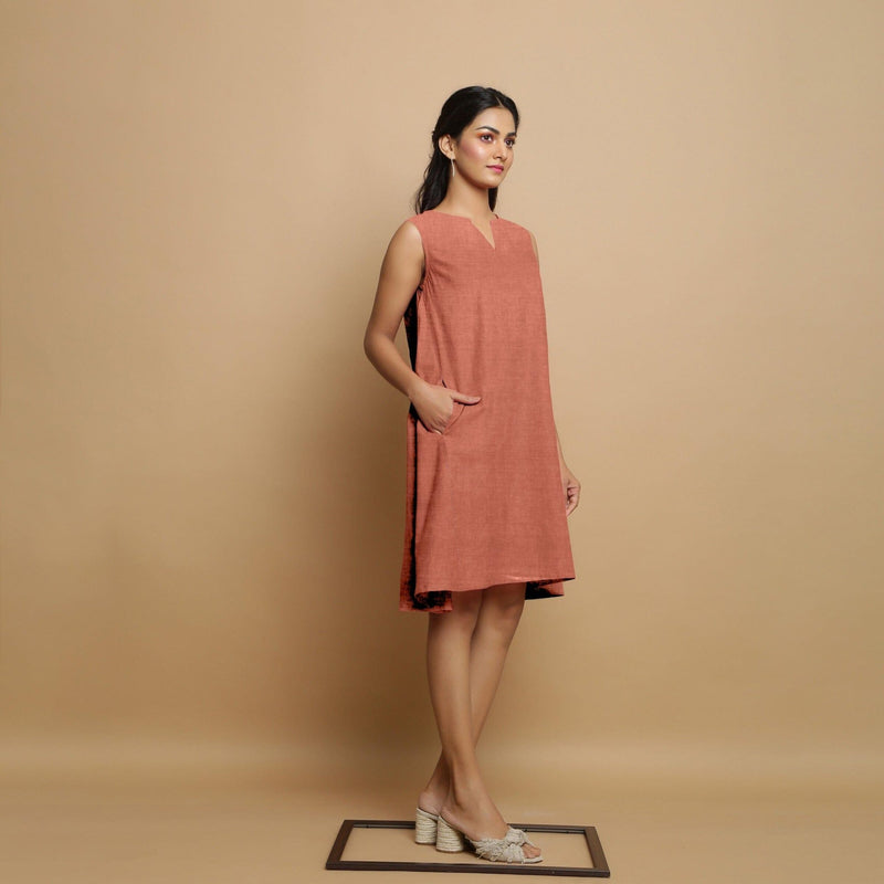 Rust Linen Hand-Embroidered Knee-Length Godet Dress