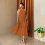 Rust Sandstone 100% Cotton Halter Neck Tier Midi Dress