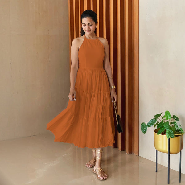 Buy Rust Sandstone 100% Cotton Halter Neck Tier Midi Dress Online at  SeamsFriendly