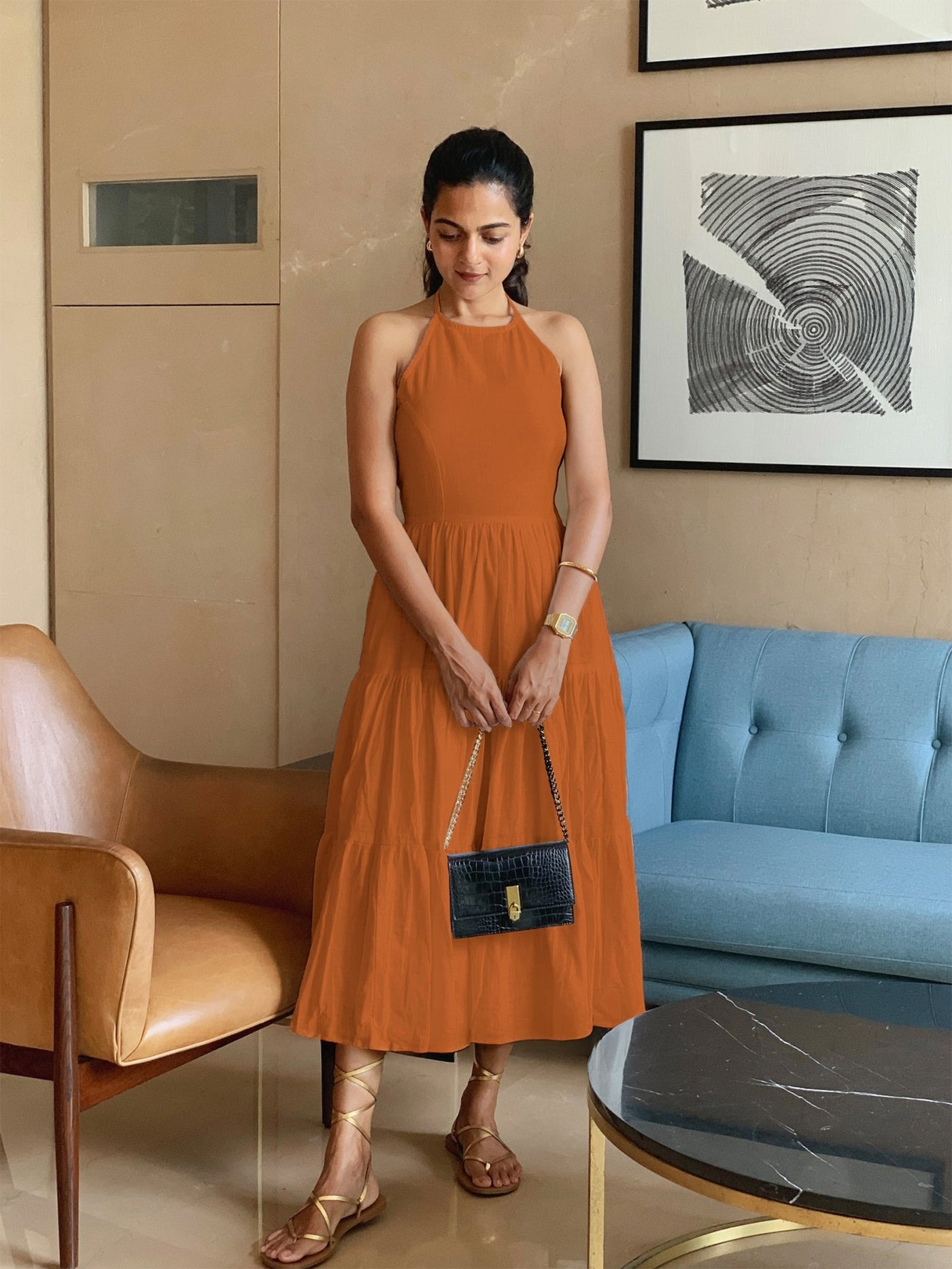 Rust Sandstone 100% Cotton Halter Neck Tier Midi Dress 56