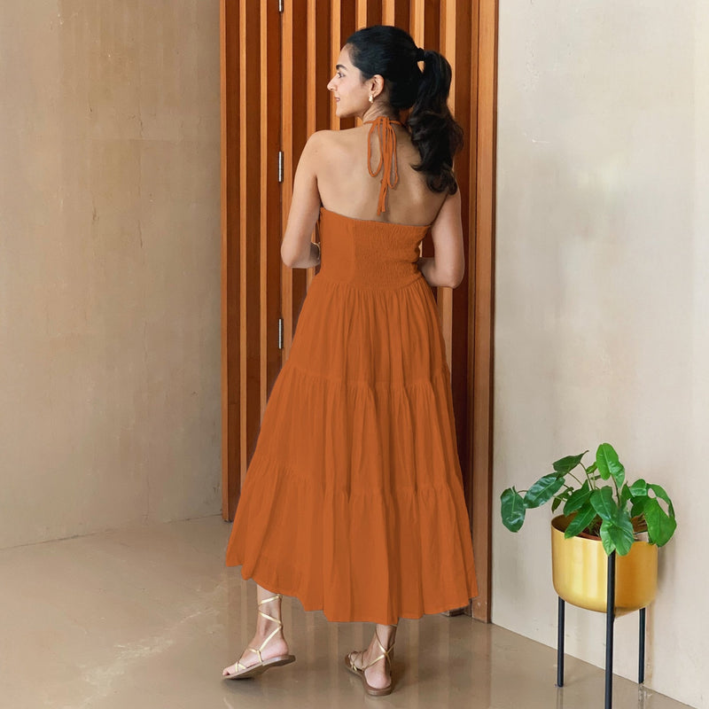 Rust Sandstone 100% Cotton Halter Neck Tier Midi Dress 36" / Petite (5'1" and below) Rust Sandstone 100% Cotton Halter Neck Tier Midi Dress 36" / Petite (5'1" and below)