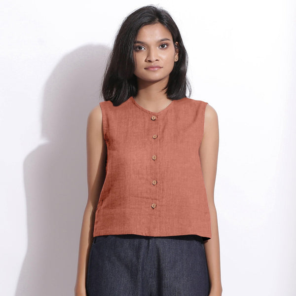 Front View of a Model wearing Rust Sandstone 100% Linen Button-Down Short Top