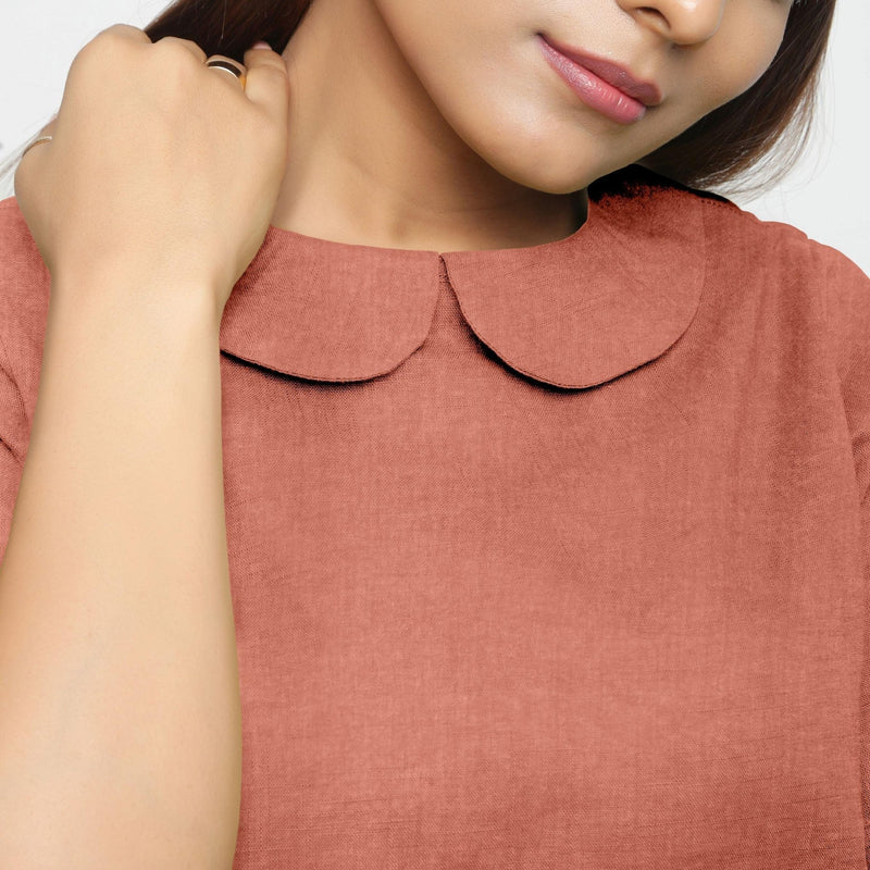 Front Detail of a Model wearing Rust Sandstone 100% Linen Peter Pan Collar Top