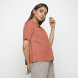 Right View of a Model wearing Rust Sandstone 100% Linen Peter Pan Collar Top