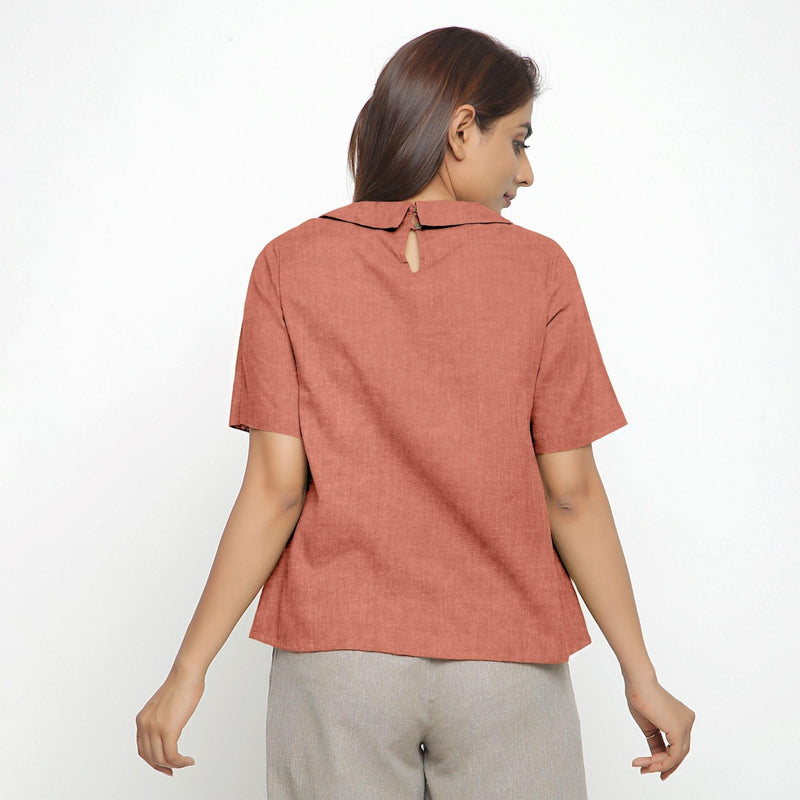 Back View of a Model wearing Rust Sandstone 100% Linen Peter Pan Collar Top