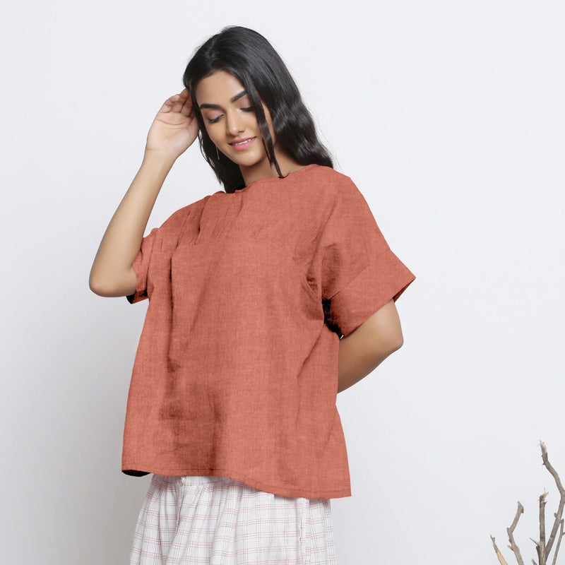 Rust Sandstone Cotton Linen Drop Shoulder Sleeves Yoked Top