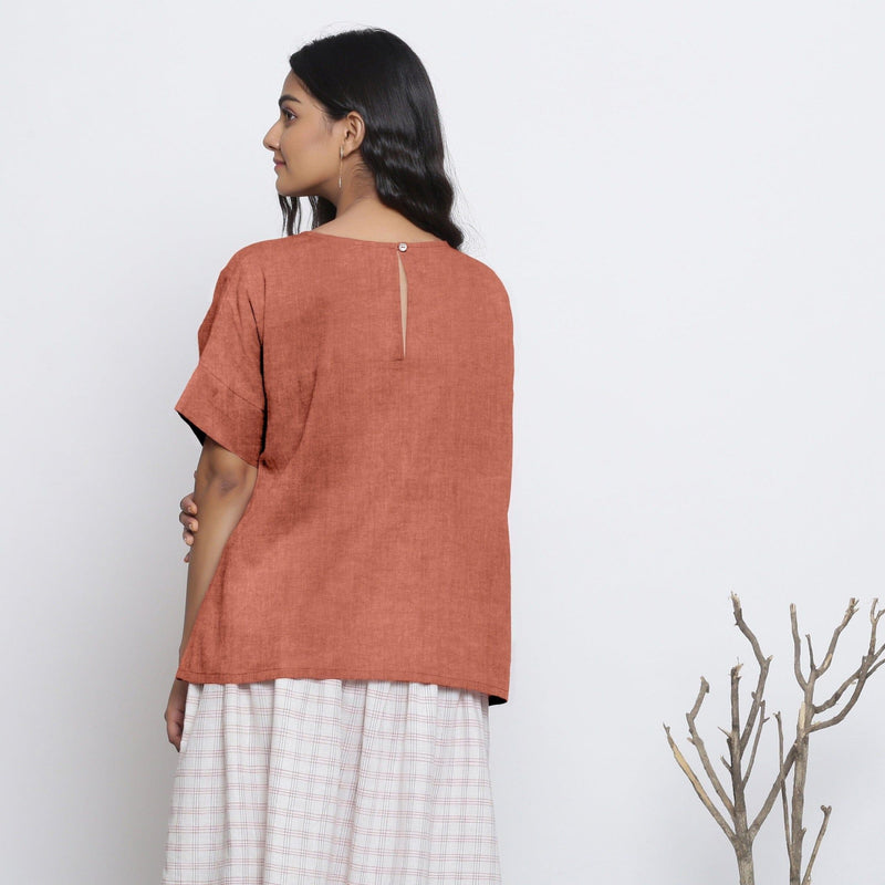 Rust Sandstone Cotton Linen Drop Shoulder Sleeves Yoked Top